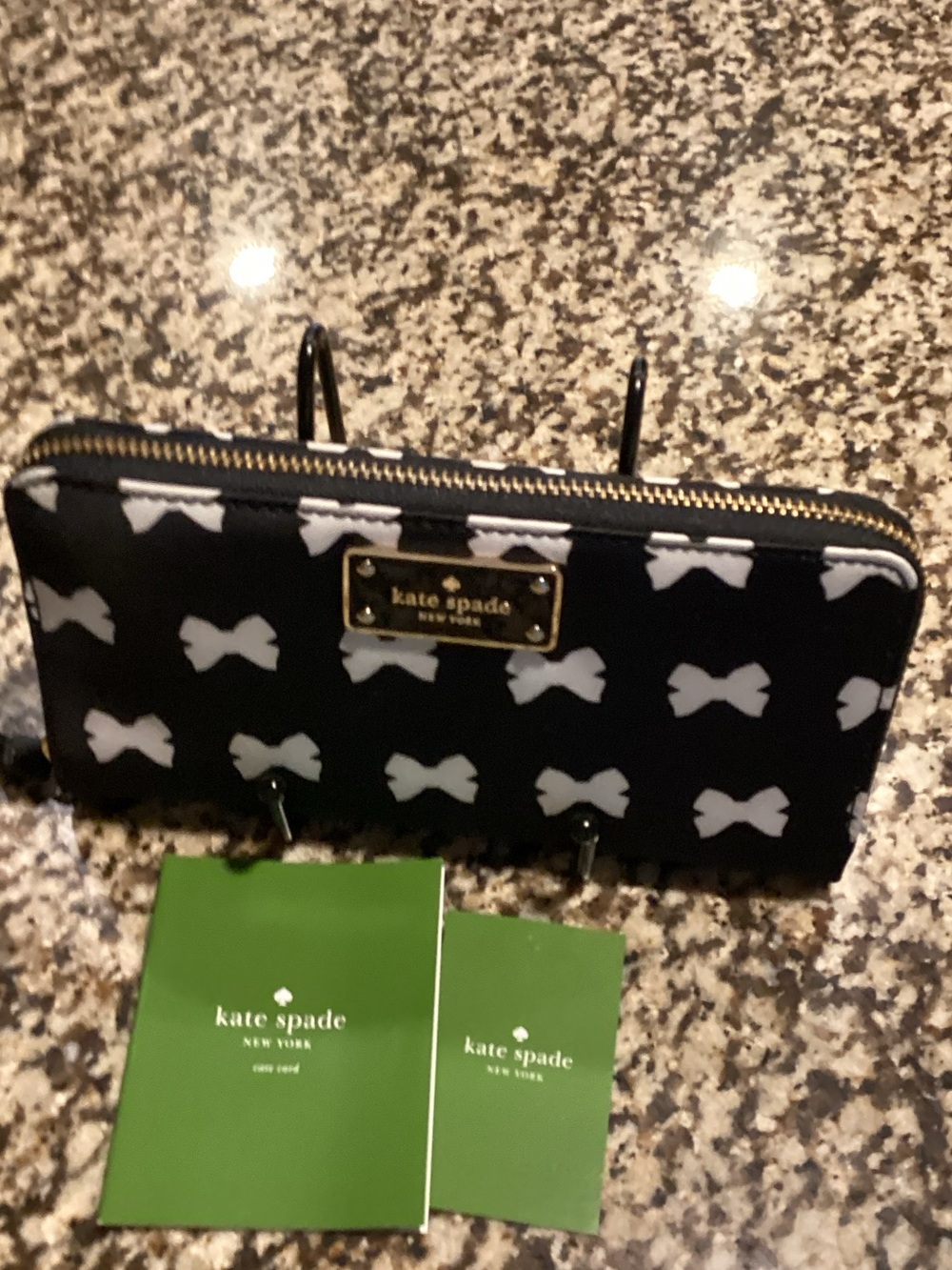 kate spade Black Wallet with White Bow Print and Gold Hardware